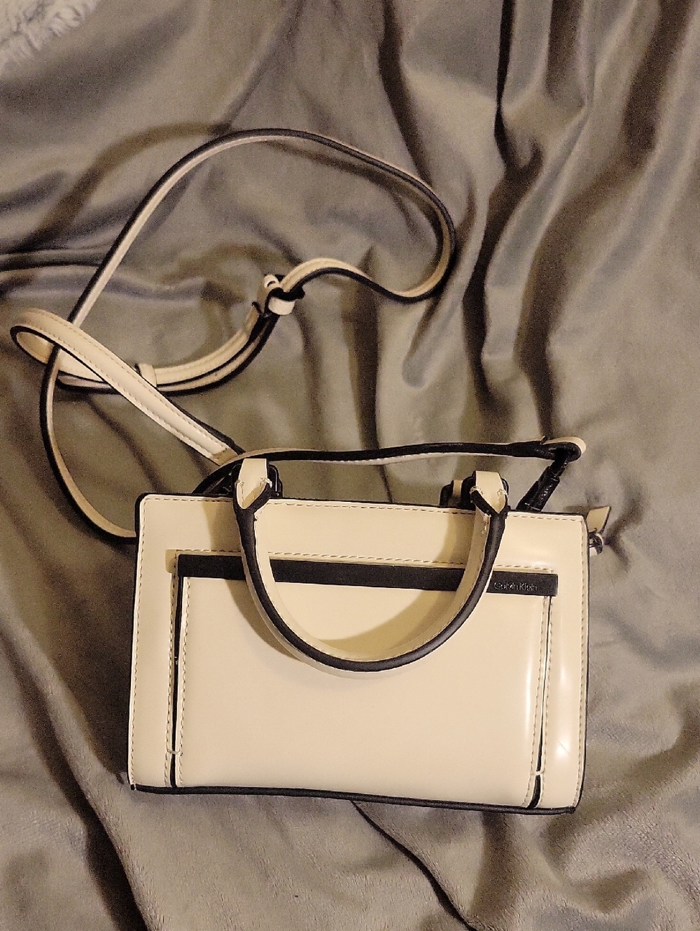 Calvin Klein Cream Crossbody Satchel with Black Trim